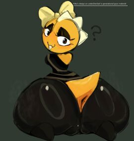 absurd_res accessory alternate_universe anus ass big_butt black_clothing black_eyes black_eyeshadow black_legwear black_tights bow_ribbon breasts buckteeth clothing eyelashes eyeshadow female grey_background hair_accessory hair_ribbon hairbow hi_res huge_butt huge_thighs kitty_(under(her)tail) legwear looking_at_viewer looking_back looking_back_at_viewer makeup monster noseless oblivious orange_body orange_skin orange_tail pattern_clothing pattern_topwear question_mark qwpeowqpe rear_view ribbons short_tail simple_background solo spikes spikes_(anatomy) striped_clothing striped_topwear stripes tail teeth teeth_showing thick_thighs tight_clothing tights topwear under(her)tail undertale undertale_(series) yellow_hair_bow