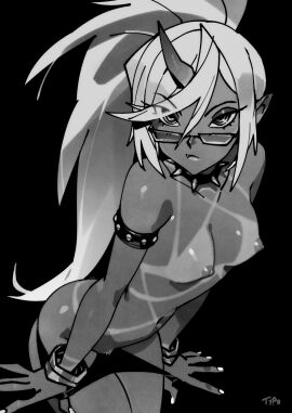 armlet black_background bracelet breasts collar demon demon_girl fang_out female glasses highres horns jewelry kneesocks_daemon long_hair looking_at_viewer monochrome oerba_yun_fang optionaltypo panties panty_&_stocking_with_garterbelt panty_pull simple_background single_horn solo spiked_collar spikes tan tanlines underwear