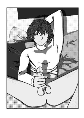 1boy akira_kurusu black_and_white body_hair elolaps facing_viewer jerking jerking_off jerkingoff looking_at_viewer male male_only penis persona_5 ren_amamiya screentone solo solo_male