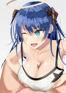 1boy 1girls arknights bad_id bad_pixiv_id big_breasts blue_eyes blue_hair blush bra breasts censored cleavage clothed_female_nude_male completely_nude cum cum_on_breasts cum_on_face cumshot ejaculation ejaculation_between_breasts female female_focus halo hi_res horns large_breasts male male/female mosaic_censoring mostima_(arknights) nude nude_male open_mouth orste paizuri precum smile solo_focus speed_lines sports_bra sweat textless