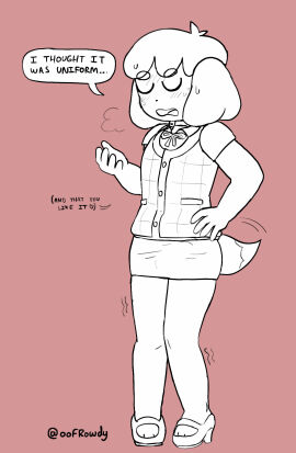 1boy animal_crossing blush bulge bulge_through_clothing canine dialogue digby_(animal_crossing) dog_boy femboy isabelle_(animal_crossing)_(cosplay) male oofrowdy shaking sweat sweating text text_bubble