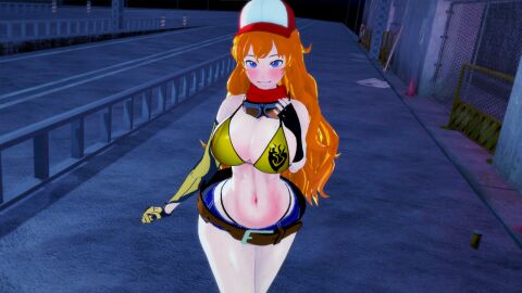 1girls 3d blonde_female blonde_hair bra female hat long-haired_female long_hair nakadashi_(artist) purple_eyes robotic_arm rwby short_shorts solo_female thong_above_shorts yang_xiao_long