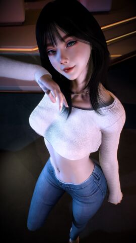 1girls 3d 4k aqua_eyes asian asian_female big_breasts black_hair breasts crashbanditkut earrings female female_focus from_above hair hi_res high_resolution highres jeans jewelry light-skinned_female light_skin lips lipstick looking_at_viewer medium_hair navel navel_piercing necklace original original_character piercing smile smiling solo topwear virt-a-mate virtamate