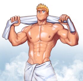 abs bara biceps blonde_hair blue_eyes himbo looking_at_viewer male male_nipples male_only mondoart muscular muscular_male nipples pecs silvyspark wet yaoi