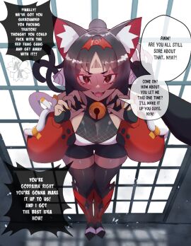 1boy 1girls 2_tails animal_ears black_hair breasts cat_ears cat_girl catgirl cleavage clothed cocky cocky_smile dark-skinned_female dark_hair dark_skin english_text fangs female female_focus grin grinning hoyoverse kokoe male mihoyo mostly_clothed multi_tail neko nekomata nekomiya_mana pov tail tan-skinned_female tan_skin tanned_skin text thick thick_thighs thigh_gap thighs thiren zenless_zone_zero
