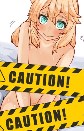 1girls absurdres androgynous aqua_eyes blonde_hair blue_eyes blush bridget caution censored completely_nude convenient_censoring female guilty_gear hidden_genitals highres light_skin looking_up medium_hair motion_lines navel no_genitals_shown nude sitting sitting_on_bed solo sugag sweat sweatdrop thick_eyelashes trans_woman transfem unknown_genitals white_background wiggle_lines