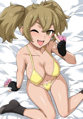 1girls arm_support bare_shoulders bed_sheet bikini black_footwear black_gloves breasts cleavage collarbone condoms crossed_bangs female fingerless_gloves from_above gloves groin gundam gundam_suisei_no_majo hair_between_eyes haruhisky highres holding holding_condom large_breasts light-skinned_female light_brown_hair light_skin looking_at_viewer looking_up multiple_condoms naughty_face navel one_eye_closed presenting renee_costa sitting solo swimsuit teeth tongue tongue_out twintails unopened_condom_wrapper upper_teeth v-shaped_eyebrows yellow_bikini