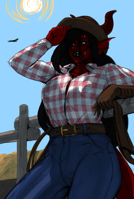 anonarts clothed clothing corruption_of_champions corruption_of_champions_2 corruption_of_champions_ii cowgirl cowgirl_outfit demon demon_futa fully_clothed futanari gloves gorgeous intersex kasyrra looking_at_viewer no_bra no_panties red_body