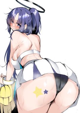 absurdres ass back blue_archive blue_eyes blue_hair blush breasts cheerleader commentary_request female halo highres holding holding_pom_poms kshimu large_breasts long_hair looking_at_viewer looking_back mechanical_halo parted_bangs pleated_skirt pom_pom_(cheerleading) pom_poms ponytail shirt shoulder_blades sideboob sidelocks simple_background skirt solo star_(symbol) star_sticker sticker sticker_on_ass sweat thighs white_background white_shirt white_skirt yuuka_(blue_archive)