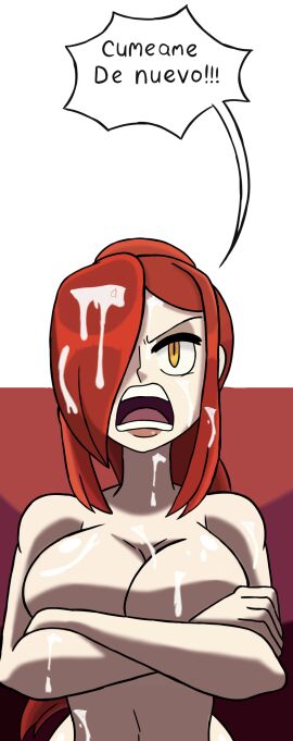 1girls cum cum_tribute edit female hair nude nude_female parasoul red_eyes skullgirls spanish_text speech_bubble translation_request yellow_eyes