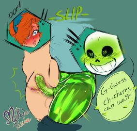 1boy 1girls 2d blush dialogue ectobody english_text farmer female heart heart-shaped_pupils humanoid leaking_cum male male_penetrating mothiepixie motti_(mothiepixie) oc pussy sans sans_au sex skeleton talking text undertale undertale_(series) undertale_au wet_pussy