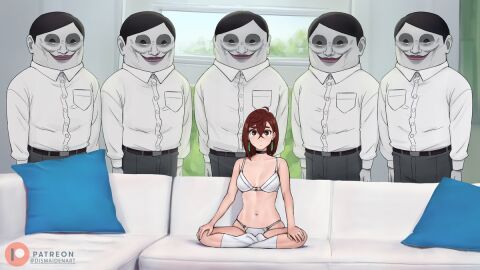 1girls 5boys alien ayase_momo belly_button black_choker black_pants bra breast_pocket breasts brown_eyes brown_hair bushy_eyebrows cheating_(relationship) cheating_girlfriend choker cleavage collarbone collared_shirt colored_skin couch crossed_bangs cushion dandadan dismaiden earrings female grey_skin imminent_breeding imminent_gangbang imminent_rape indoors jewelry loose_socks male medium_breasts meme multiple_boys multiple_males netorare on_couch panties pants pendant_earring piper_perri_surrounded pocket serpo_(dandadan) shirt socks underwear white_bra white_panties white_shirt white_socks window