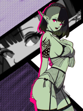 1girls 2024 arm_tattoo asymmetrical_hair azala_frostreaver black_hair bob_cut breasts canuckuma ear_piercing earrings female female_focus female_only green_skin lingerie long_ears orc orc_female original pinup pointy_ears red_eyes septum_piercing side_shave sideboob solo solo_female solo_focus tattoo tribal_tattoo