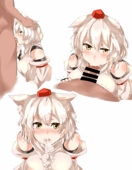 1boy animal_ear_fluff animal_ears bar_censor blush breasts censored commentary_request cum cum_in_mouth detached_sleeves fellatio female hair_between_eyes hat highres houkai_(collapse_illust) inubashiri_momiji large_breasts looking_at_viewer male momiji_inubashiri multiple_views open_mouth oral penis pom_pom_(clothes) red_hat shirt short_hair simple_background sleeveless sleeveless_shirt solo_focus straight tokin_hat touhou turtleneck turtleneck_shirt upper_body white_background white_hair white_shirt white_sleeves wolf_ears wolf_girl yellow_eyes