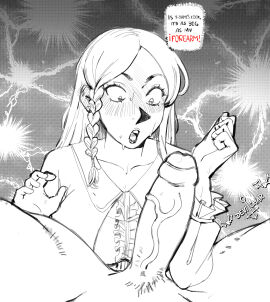 1girls big_penis black_clover blush blushing_profusely charlotte_roselei clothed clothed_female cock_shock cock_worship embarrassed female forearm_cock light-skinned_female light_skin looking_at_penis male male_pov penis penis_awe pov scharlottelambo size_comparison text uncensored yami_sukehiro