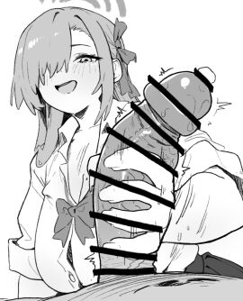 1boy 1girls asuna_(blue_archive) bar_censor blue_archive blush bow bowtie breasts censored cleaning_&_clearing_(blue_archive) collared_shirt curved_to_the_right_penis erection female fried_bocky greyscale hair_over_one_eye halo handjob heart large_breasts long_hair looking_at_penis looking_at_viewer male male_pubic_hair millennium_science_school_student monochrome open_mouth penis pov precum pubic_hair ribbon school_uniform shirt simple_background skirt smile solo_focus straight sweat white_background