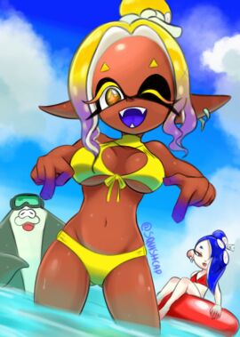 1boy 2girls alternate_hairstyle big_man_(splatoon) big_man_(splatoon_raiders) bikini breasts dark-skinned_female dark_skin female frye_(splatoon) frye_(splatoon_raiders) gold_eyes inkling male nintendo shiver_(splatoon) shiver_(splatoon_raiders) splatoon splatoon_(series) splatoon_3 splatoon_raiders squishcap_(artist) thighs two-tone_hair wink yellow_hair