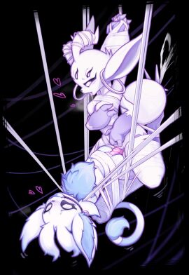 absurd_res anthro arms_tied arthropod_webbing ball_gag big_ears black_sclera blush bodily_fluids bondage bound breasts dildo dominant dominant_female double_dildo duo ear_piercing ear_ring ear_tuft eye_roll fan_character feeldoe_in_pussy female female/female fluffy_chest from_front_position fucked_silly fur gag gagged genital_fluids genitals guardian_spirit hands_behind_back hi_res holocesaphira hooves impact_lines legs_tied looking_at_another microsoft multi_arm multi_eye multi_limb nude on_bottom on_top open_mouth ori_(series) partner penetration piercing pupils pussy restraints ring_piercing safi_(saphira) sex sex_toy sex_toy_insertion simple_background spinnerets submissive submissive_female tail tail_tuft tuft vaginal_penetration web_bondage white_body white_fur white_pupils xbox_game_studios