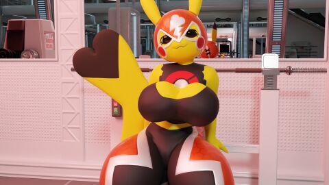 3d anthro anthro_only blender breasts cosplay_pikachu female gym huge_breasts looking_at_viewer mirror nintendo pikachu pikachu_libre pokemon pokemon_(species) sitting smug_face squidly tail thick_thighs