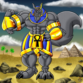 abs anthro anubis biceps canine jackal male muscles muscular muscular_arms muscular_legs muscular_male muscular_thighs pecs tail