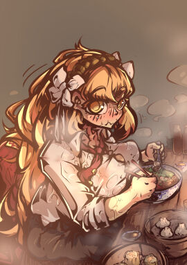 big_breasts blush blush_lines blushing blushing_at_viewer bowtie breasts female food ginger_hair hair_ornament ishmael_(limbus_company) limbus_company long_hair orange-haired_female project_moon public redhead sleeves_rolled_up soaked soaked_clothes steam suit sweat sweatdrop sweating sweaty tight_clothing wet_clothes wet_clothing yaubingowo