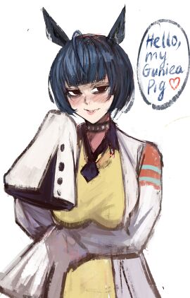 agnes_tachyon_(umamusume) big_breasts blue_hair blush brown_eyes cat_ears choker cosplay fully_clothed huge_breasts looking_at_viewer necktie nero_watch persona_5 shirt tae_takemi umamusume