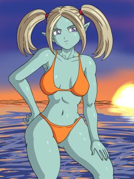 1girls adult_female adult_girl adult_version akira_toriyama_(style) armpits beach bikini blonde_hair blue_skin breasts demon demon_girl digital_art digital_drawing_(artwork) digital_media digital_media_(artwork) digital_painting_(artwork) dragon_ball dragon_ball_(series) dragon_ball_daima fanart female female_only hand_on_hip hand_on_leg humanoid legs long_hair naked_female nipples nude nude_female panzy_(dragon_ball_daima) pig pointy_ears purple_eyes pussy smiling solo sunset swimsuit yamidanight