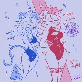 2girls air_bubbles asphyxiation cleavage_cutout drowning female highleg_one-piece_swimsuit motion_lines mouse_ears mouse_girl mouse_tail one-piece_swimsuit original puffed_cheeks signature soaked_lemon tagme tied_up trapped twitching underwater