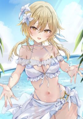 1girls 2d 2d_(artwork) alternate_costume belly_button bikini bikini_bottom bikini_top blonde_hair breasts day female female_focus female_only flowers flowers_in_hair front_view genshin_impact high_resolution highres light-skinned_female light_skin looking_at_viewer lumine_(genshin_impact) maruro medium_breasts navel ocean outdoors short_hair sky slim_female smiling smiling_at_viewer solo solo_female solo_focus standing summer swimsuit thong thong_bikini two_piece_swimsuit water white_bikini white_bikini_bottom white_bikini_top white_flowers white_swimsuit yellow_eyes young younger_female