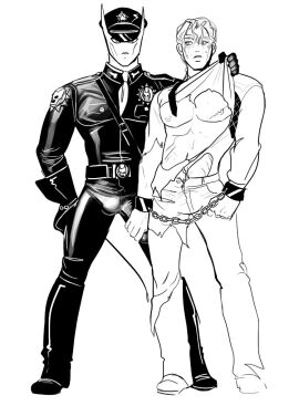 bdsm_outfit bondage diamond_is_unbreakable handcuffs herzspatler holding_whip jojo's_bizarre_adventure killer_queen leather_jacket male male/male male_chest male_only no_sex no_visible_genitalia pecs police_uniform ripped_clothing yoshikage_kira