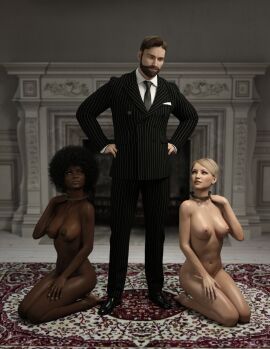 1boy 2girls 3d annabelle_(crabbyoldman) black_hair blonde_hair clothed_male_nude_female collar crabbyoldman dark-skinned_female dark_skin female kneeling male nude nude_female original slave slave_collar slave_girl