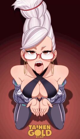 1female 1girls ayase_seiko big_breasts blush blush_lines blushing_at_viewer breasts dandadan female female_focus female_only grey_hair holding imminent_oral kneeling light-skinned_female light_skin long_hair looking_at_viewer on_knees only_female open_mouth red_eyes saliva tagme taihengold tongue tongue_out video