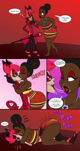1boy 1girls 2d 2d_(artwork) 2d_artwork alastor_(hazbin_hotel) antlers arms_around_partner big_ass big_breasts big_butt black-haired_female black_hair breasts cleavage collaboration comic comic_page comic_panel creepy_smile curvy curvy_figure dark-skinned_female dark_skin demon demon_boy dialogue digital_drawing_(artwork) digital_media_(artwork) dominant_female dress duo duo_focus eyeshadow feather feather_in_hair female female_on_top forced_kiss gray_eyes hair_bun hand_behind_head hazbin_hotel hips hugging human human_female jamearts kissing large_breasts lipstick lipstick_mark makeup male male/female malesub mature_female motion_lines panels pants_removed plap plapping reaper2545 red-haired_male red_eyeshadow red_hair reverse_rape rumbudzai_(reaper2545) saliva saliva_string saliva_trail sex sharp_teeth smooch_(sound_effect) teeth teeth_showing thick_thighs thighs vivienne_medrano vivziepop voluptuous_female wide_hips yellow_teeth