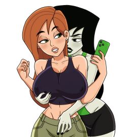 2girls big_breasts breast_grab breasts curvaceous curvy curvy_body curvy_female curvy_figure disney disney_channel female female/female female_only gym_clothes gym_uniform hand_in_pants huge_breasts kim_possible kimberly_ann_possible large_breasts lesbian light-skinned_female light_skin love midriff multiple_females multiple_girls pale-skinned_female pale_skin phone red_hair satsufumi shego smartphone sports_bra sports_shorts sweat voluptuous voluptuous_female white_background yuri