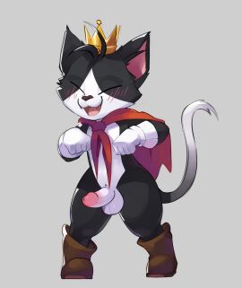 anthro balls blush boots cait_sith_(ff7) cape clothing crown domestic_cat erection fangs felid feline felis feral footwear genitals headgear hi_res king machine male mammal penis robot royalty size_difference smaller_male smile smite_(artist) solo spoilers_in_tags teeth