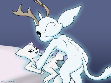 2024 4_fingers antennae_(anatomy) anthro anthro_on_anthro antlers ass bed bed_sheet bedding big_penis black_eyes black_nose blue_tongue blush blush_lines bodily_fluids bovine_tail clitoris digital_media_(artwork) duo eye_contact eyebrows eyelashes female female_penetrated fingers fluffy fluffy_tail furniture genital_fluids genitals glowing guardian_spirit half-closed_eyes hi_res horn huge_cock larger_male looking_at_another lying male male/female male_penetrating male_penetrating_female medial_ring narrowed_eyes navel on_back open_mouth ori_(series) penetration penis pupils pussy rafa_(rekku484) sex signature simple_background size_difference smaller_female smaller_penetrated table_lotus_position tail tight_fit tongue vaginal_fluids vaginal_penetration vein white_body white_pupils whitecrocus worried