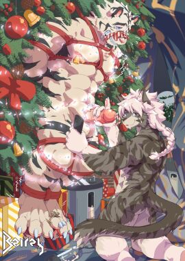 abs anthro athletic athletic_male beirey black_body black_fur bodily_fluids bondage bound box braided_hair candy candy_cane candy_cane_in_urethra cellphone christmas christmas_tree clenched_teeth closed_smile constricted_pupils container cum cum_dripping_from_penis cum_on_face dessert domestic_cat drooling duo electronics erection feet felid feline felis food foreskin fur genital_fluids genitals gift_box hair handjob hands_behind_back hi_res holding_cellphone holding_object holding_phone holidays humanoid_genitalia humanoid_penis kneeling legs_together male male/male mammal milk_container mouth_closed multicolored_body muzzle_(object) nipple_bell nipple_piercing nipple_ring nipples nude pain pantherine pawpads pecs penetration penile penis penis_grab phone piercing plant pupils recording restraints retracted_foreskin ring_piercing rope rope_bondage rope_harness saliva saliva_string selfie sex side_view small_pupils smile snot tears teeth tied_to_tree tiger toe_restraints toes toes_tied tongue tongue_out tree two-tone_body uncircumcised urethral urethral_penetration white_body white_fur white_hair