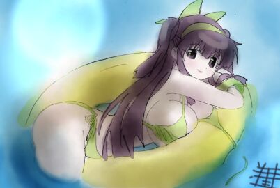 1girls alternate_hairstyle arm_support ass big_ass big_breasts bikini bikini_top_pull breast_press breasts bursting_breasts busty cleavage cute fat_ass female female_only from_side green_bikini hair_ribbon highres king_of_fighters large_breasts legs long_hair looking_at_viewer lying nakoruru on_stomach pink_lips pink_lipstick pool pose posing purple_eyes purple_hair ribbon samurai_shodown sensual sexy sexy_pose side-tie_bikini_bottom sideboob smile snk solo swim_ring swimsuit thighs traditional_media traditional_media_(artwork) twintails untied_bikini very_long_hair voluptuous water