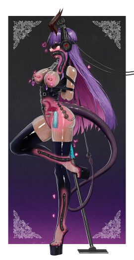 1girls absurdres alien all_four_holes_filled all_three_holes anal anal_hook anal_object_insertion arms_behind_back black_thighhighs bladder bladder_plug blindfold blindfolded bodysuit bondage bound breasts cloth_gag dildo dildo_gag dildo_in_throat dragon_horns dragon_tail elegia female female_only female_urethral_insertion femsub gag gagged headphones heel-less_heels high_heels highres hoof_shoes horns improvised_gag large_breasts latex latex_bodysuit leotard long_hair multi_genitalia multi_pussy nipple_penetration nipple_piercing nipples object_insertion one_bar_prison original piercing pony_girl pony_play ponygirl ponyplay purple_hair pussy pussy_extremity pussy_foot restrained reverse_prayer sex_toy standing standing_on_one_leg tail thighhighs unusual_anatomy unusual_anatomy_placement unusual_genitalia_placement unusual_pussy_placement urethral_insertion vaginal_object_insertion vaginal_penetration vaginal_urethral_insertion very_long_hair vibrator_in_nipple x-ray x-ray_vision zettai_ryouiki