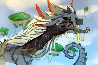 anthro bodily_fluids darel dragon duo female feral floating hi_res islands male male/female mythological_creature mythological_scalie mythology oral_vore playing predator/prey saliva scalie sky slit_(disambiguation) swallowing tail throat vore willing_prey x-ray_view yoro yororo