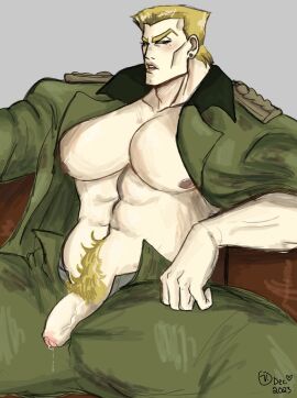 1boy abs adult_only bara battle_tendency blonde_hair cock_out earring eyebrows ghost_vomit green_uniform hand hands human_artist jojo's_bizarre_adventure lips looking_at_viewer male male_only muscular muscular_chest muscular_male naked_under_clothes naked_under_uniform no_ai no_text open_uniform pecs penis rudolph_von_stroheim short_hair simple_background solo solo_focus solo_male thighs uniform yaoi