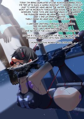 1boy 1girls asphyxiation ball_gag blindfold bondage breath_play collar drowning female female_focus gag male multiple_vibrators one-piece_swimsuit peril pool predicament_bondage restrained rope rope_bondage school_swimsuit slave suzuka_minase_(zetsu_red) swimsuit tomboy underwater vibrator water zetsu_red