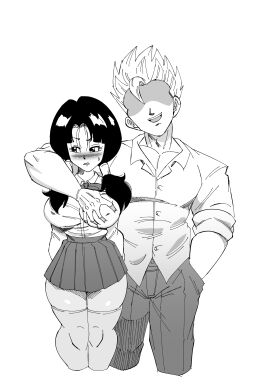 blonde_hair blush breast_grab breasts dragon_ball dragon_ball_z female funsexydragonball grope groping groping_breast groping_breasts line_art male monochrome school_uniform schoolboy schoolgirl schoolgirl_uniform skirt son_gohan super_saiyan thighhighs thighs twintails videl