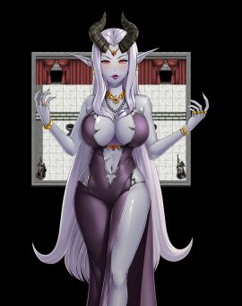 ass ass_grab big_ass big_breasts breasts curvaceous curvy curvy_female curvy_figure demon demon_girl demon_horns earrings female grey_skin huge_ass huge_breasts jewelry kingdom_of_subversion large_breasts lips lipstick long_ears long_hair makeup purple_lips purple_lipstick queen queen_selvana_(kingdom_of_subversion) red_eyes rpg_maker screencap screenshot silver_hair size_difference standing tall_female taller_female thick_thighs thighs very_long_hair voluptuous voluptuous_female white_hair