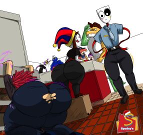 3girls 5boys ass ass_focus bendraws big_ass big_butt black_eyes black_sclera blush_stickers bottom_heavy brown_hair bubble_ass bubble_butt chad_(the_amazing_digital_circus) doll drama_mask drunk drunk_or_something_ragatha_(the_amazing_digital_circus) employee employee_uniform face_markings facial_markings fast_food fast_food_employee fast_food_restaurant fast_food_uniform fat_ass female female_focus gangle_(the_amazing_digital_circus) gangle_with_thick_ribbons glitch_productions gummigoo_(the_amazing_digital_circus) heterochromia hole_in_pants hourglass_figure huge_ass humanoid jax_(the_amazing_digital_circus) jester jester_cap jester_girl jester_hat lagomorph lagomorph_humanoid large_ass logo_parody male manager manager_gangle mask masked_female max_(the_amazing_digital_circus) multiple_characters orbsman_(the_amazing_digital_circus) pomni pomni_(spudsys) pomni_(the_amazing_digital_circus) rabbit rabbit_humanoid ragatha ragatha_(the_amazing_digital_circus) red_hair ripped_clothing ripped_pants santa_hat shortstack sidelocks stuffed_toy the_amazing_digital_circus thick_ass thick_thighs torn_clothes torn_clothing torn_legwear uniform white_eyes white_sclera
