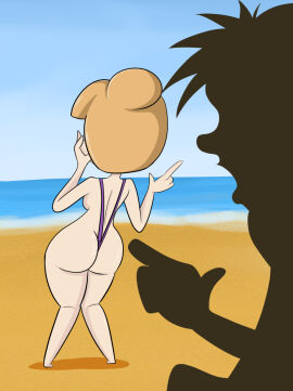 1boy 1girls anon anonymous_male ass back_view beach blonde_hair breasts bubble_ass bubble_butt female female_focus female_only hair_tied hairbun half_naked light-skinned_female light_skin male medium_breasts monkeycheese nora_cross pale-skinned_female pale_skin shadowy_figure sideboob silhouette sling sling_bikini slingshot_swimsuit small_feet solo solo_female solo_focus thick_thighs thighs