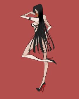 1girls back_view black_hair boa_hancock clothing female female_only flipped_hair guaguapiu hand_on_hip heels high_heels legs long_hair moving_hair one_piece ripped_clothing