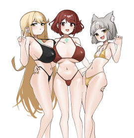 3girls bare_arms bare_legs bare_midriff bare_shoulders bare_thighs belly belly_button bikini black_bikini black_bikini_bottom black_bikini_top black_swimsuit black_swimwear blush breasts busty cat_ears cat_girl cleavage clothed clothing collarbone core_crystal dot_nose embarrassed embarrassed_female female female_only feminine fried_bocky frilled_bikini grey_hair hi_res high_resolution highres hourglass_figure jacket legs light_skin looking_at_viewer mythra naked navel nia nintendo nude off_shoulder petite petite_body petite_breasts petite_female pyra short_hair sideboob simple_background slender_body slender_waist slim_female slim_waist small_breasts standing swimsuit thighs thin_waist white_background xenoblade_(series) xenoblade_chronicles_2 xenoblade_chronicles_3 yellow_eyes
