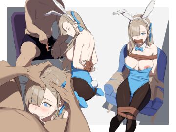 1boy 1girls animal_ears arms_behind_back asuna_(blue_archive) asuna_(bunny)_(blue_archive) black_legwear black_pantyhose blue_archive blue_eyes blue_footwear blue_leotard blush bound bound_legs bound_wrists bow bowtie breasts cheek_bulge closed_eyes clothing commission cum cum_in_mouth cum_inside deepthroat detached_collar fake_animal_ears fake_tail fellatio female gag hair_over_one_eye hair_ribbon hands_on_another's_head highres improvised_gag legs_together leotard light_brown_hair long_hair male millennium_science_school_student multiple_views nipples no_halo open_mouth oral pantyhose penetration penis pixiv_commission playboy_bunny rabbit_ears rabbit_tail restrained ribbon shoes simple_background sitting straight strapless strapless_leotard tail tape tape_gag tears traditional_bowtie very_long_hair wide_eyed wide_hips yoroshinbo