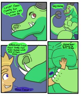 2boys 5:6 anthro belly big_belly big_muscles blonde_hair blue_eyes bulge clothing dragon duo gay green_skin human kogo larger_male locar_(kogo) male male/male male_only mammal muscles muscular muscular_male mythological_creature mythological_scalie mythology no_visible_genitalia pecs red_eyes scalie size_difference smooth_skin smooth_skinned_male speech_bubble underwear wide_hips